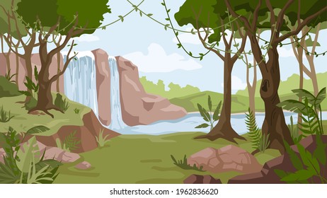 Waterfall Jungle Landscape Cartoon Background. Vector River Streams Of Water Flowing, Green Exotic Forest Woods With Trees. Tropical Natural Scenery With Cascade Of Rocks, Wild Nature And Bush Foliage