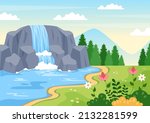 Waterfall Jungle Landscape of Tropical Natural Scenery with Cascade of Rocks, River Streams or Rocky Cliff in Flat Background Vector Illustration