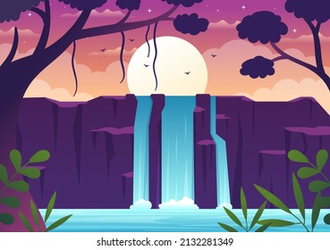 Waterfall Jungle Landscape of Tropical Natural Scenery with Cascade of Rocks, River Streams or Rocky Cliff in Flat Background Vector Illustration