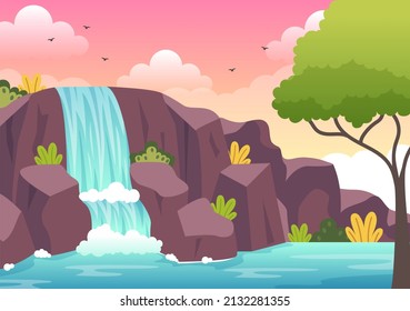 Waterfall Jungle Landscape of Tropical Natural Scenery with Cascade of Rocks, River Streams or Rocky Cliff in Flat Background Vector Illustration