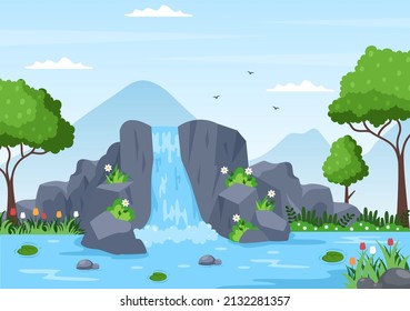 Wasserfall-Dschungel-Landschaft tropischer Natur mit Kaskade aus Felsen, Fluss-Streams oder Felsklippe auf flattem Hintergrund Vektorgrafik