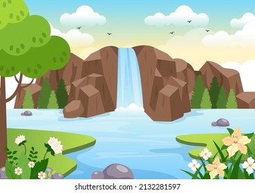 Waterfall Jungle Landscape of Tropical Natural Scenery with Cascade of Rocks, River Streams or Rocky Cliff in Flat Background Vector Illustration