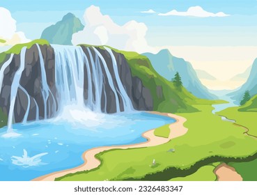 Paisaje de la selva de cascada del paisaje tropical natural con cascada de rocas, ríos o acantilados rocosos en fondo plano Vector Ilustración
