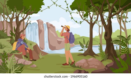 Waterfall jungle landscape and two people man sitting on rock and woman watching in binoculars with rucksack. Vector travelers and river streams, exotic forest with trees. Tropical natural scenery