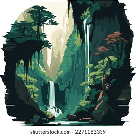 Waterfall jungle landscape vector illustration. Tropical natural scenery with cascade of rocks, river streams of water flowing, green exotic woods with wild nature