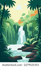 Waterfall in the jungle. Peaceful landscape in the forest. Vector art of tropical outdoor stream of water. Beautiful cascade. Environment, ecological and green tourism. Scenic wild poster. Relaxation