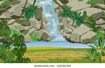 Cascada con jungla. Rocas, plantas tropicales, costa cubierta de hierba. Sudamérica y África. Paisaje de vectores realistas