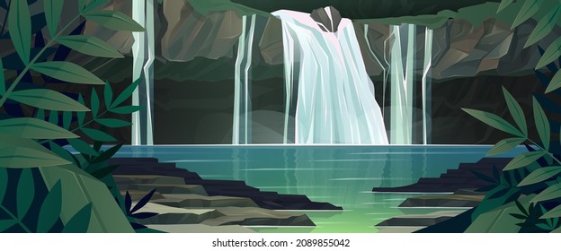 Waterfall in jungle with trees and mountains. Vector cartoon illustration of rain forest landscape with river falls from rocks to lake. Rainforest scene with green plants and water streams on stones