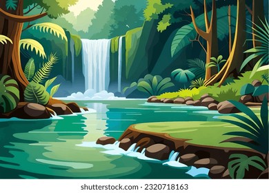 Waterfall in the jungle. Vector illustration of a waterfall flat style.