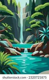 Cascada en la jungla. Ilustración vectorial de un estilo plano de cascada.