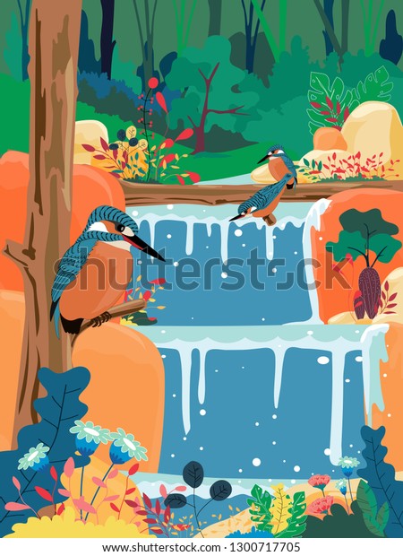Waterfall in a jungle,Cartoon wonderland landscape of\
waterfall with Kingfisher bird standing on branches tree and\
colourful forest plant in spring or summer, Vector Illustration\
fantastic fairy tale\
