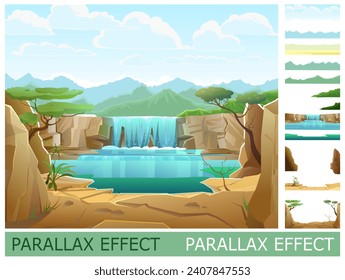 Waterfall and lake among rocks. Set of slides for parallax effect. Funny cartoon style. Picture vector