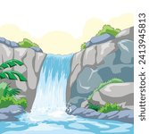 Waterfall at the Lake Vector Illustration