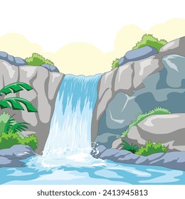 Catarata en la ilustración del vector del lago