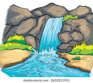 Waterfall at the Lake Vector Illustration