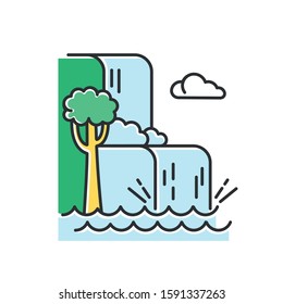 Waterfall landscape color icon. Vacation trip to Indonesia. Hidden treasures of Bali. Tropical jungle rivers. Water cascade in rainforest. Discovering world wonders. Isolated vector illustration
