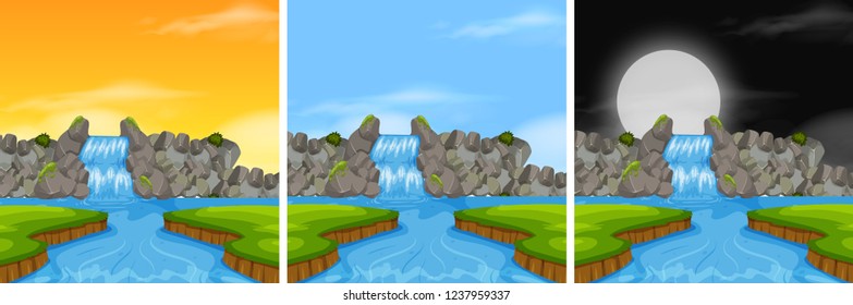 Waterfall landscape in diffrent time illustration