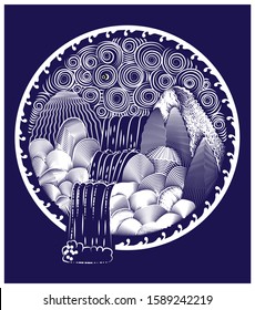 Waterfall landscape drawn in a circle. Landscape drawn by lines and contours. Natural waterfall with mountain stones.