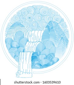 Waterfall landscape drawn in a circle. Landscape drawn by lines and contours. Natural waterfall with mountain stones.