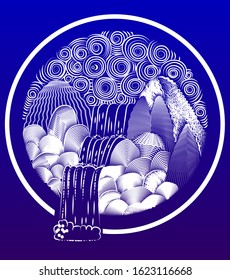 Waterfall landscape drawn in a circle. Landscape drawn by lines and contours. Natural waterfall with mountain stones.