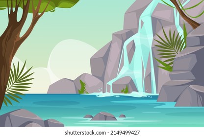 Waterfall landscape or falls view, vector banner