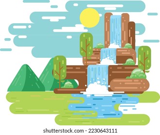 Waterfall landscape in flat design illustration