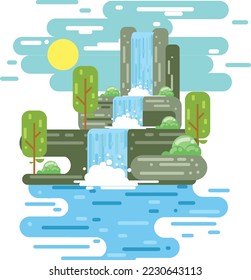 Waterfall landscape in flat design illustration
