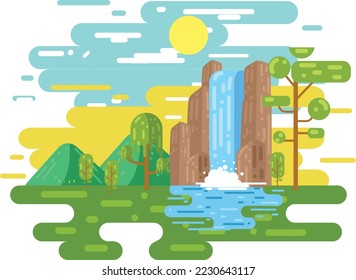 Waterfall landscape in flat design illustration