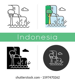 Waterfall landscape icon. Vacation to Indonesia. Hidden treasure of Bali. Tropical jungle rivers. Water cascade in rainforest. Linear, black, chalk and color styles. Isolated vector illustrations