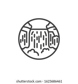Waterfall landscape line icon. linear style sign for mobile concept and web design. Mountains and waterfall outline vector icon. Symbol, logo illustration. Vector graphics