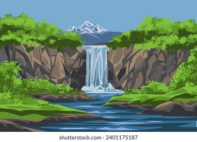 Waterfall landscape with mountain and river