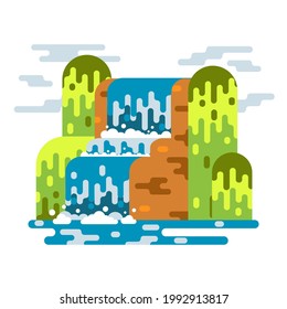 Waterfall landscape. Mountain river with cascade. Vector flat cartoon illustration illustration isolated on white background.