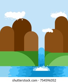 Waterfall landscape. Nature background. Mountains and meadows. Natural Pure Water. Rivers and Water falls. Vector illustration