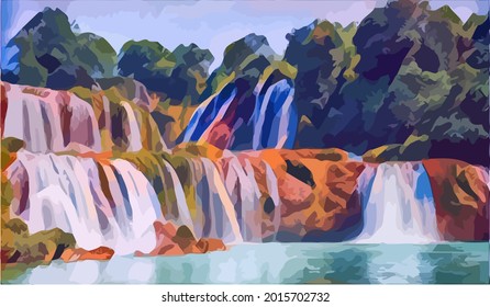 waterfall landscape painting,very cool and beautiful 