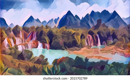 waterfall landscape painting,very cool and beautiful 