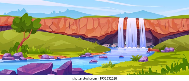 Waterfall landscape, rocky fountain scene with trees, river with stones, tropical or jungle scenery. Vector nature fluid splashes and drops, falling water in mountain fall, aqua cascade, green grass