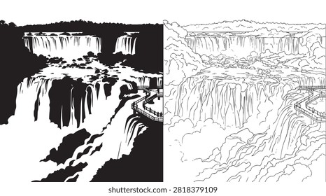 waterfall landscape split view with misty river rapids