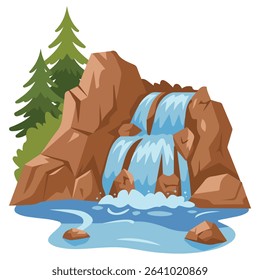 Waterfall landscape with trees isolated vector illustration on white background
