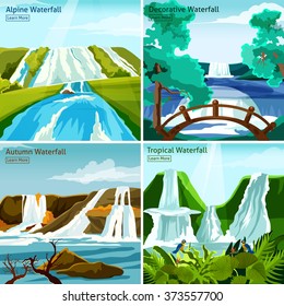 Waterfall landscapes 2x2 design concept with pictires of alpine north tropical and decorative waterfalls flat vector illustration   