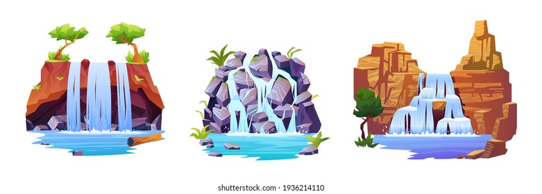 Conjunto de paisajes de cascadas vistas de dibujos animados aislados