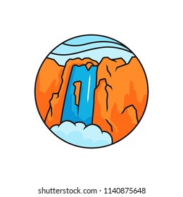 Waterfall logo badge. High mountain rock waterfall panorama illustration with circle frame. simple flat cartoon style vector design.