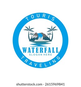
waterfall logo decorated with coconut trees