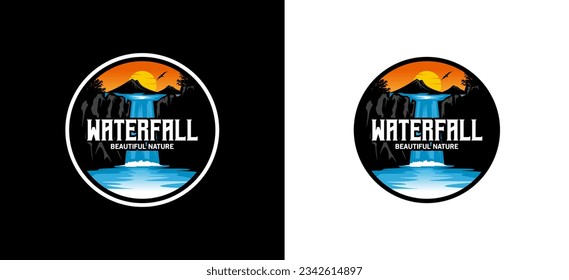 Waterfall logo design, high cliff waterfall vector illustration with sunset shades