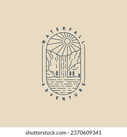 waterfall logo line art vector illustration design. minimalist of nature and adventure logo with emblem