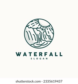 Logo de cascada, ilustración de diseño de exploración de bosques de montaña fluviales