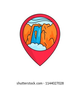 Wasserfall-Karte Pin-Locator Logo-Button. Hochgebirgige Bergfelsenpanorama-Illustration mit Kreisrahmen. einfaches Design mit flacher Cartoon-Vektorillustration.