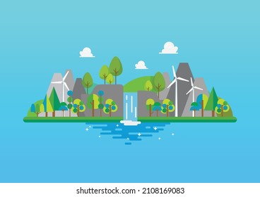 Waterfall and mountain landscape in flat style. Vector illustration