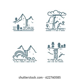 Waterfall and mountain landscape set isolated on white background. Trendy line style icons, vector illustration