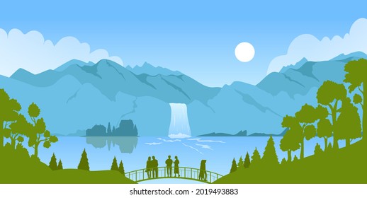 Waterfall mountain nature landscape ector illustration. Cartoon valley scenery with river water falling into lake from mountains, silhouettes of green forest and tourists people on bridge background