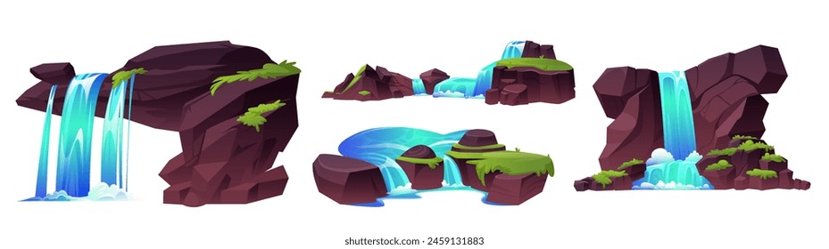 Waterfall and mountain river stream cartoon vector. Water fall cascade island icon set for nature rock landscape. Beautiful spring aqua flood and clear torrent in lake coastal clipart scenery.